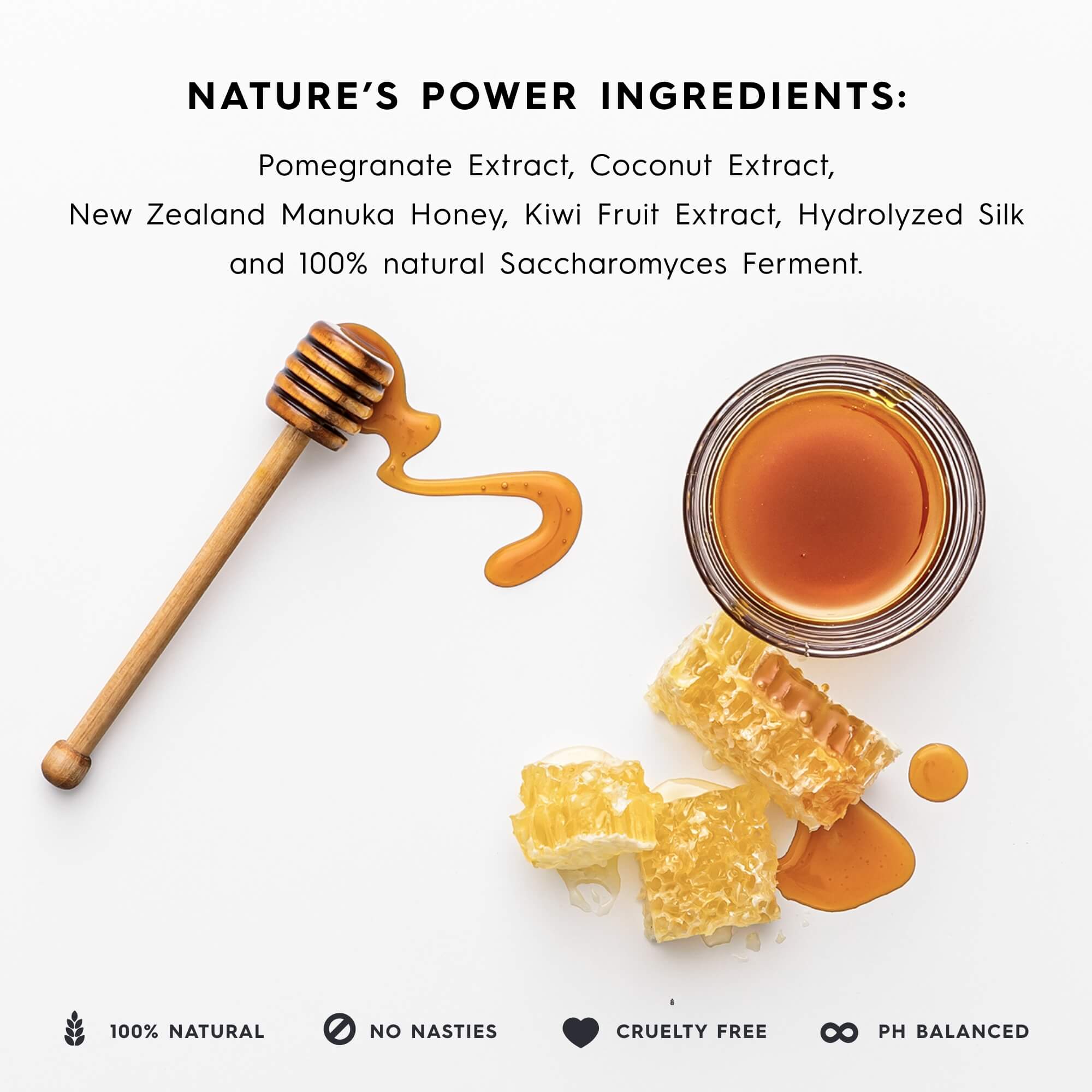 Honey dipper, honeycomb pieces, and a jar of honey with text about natural ingredients on a white background.