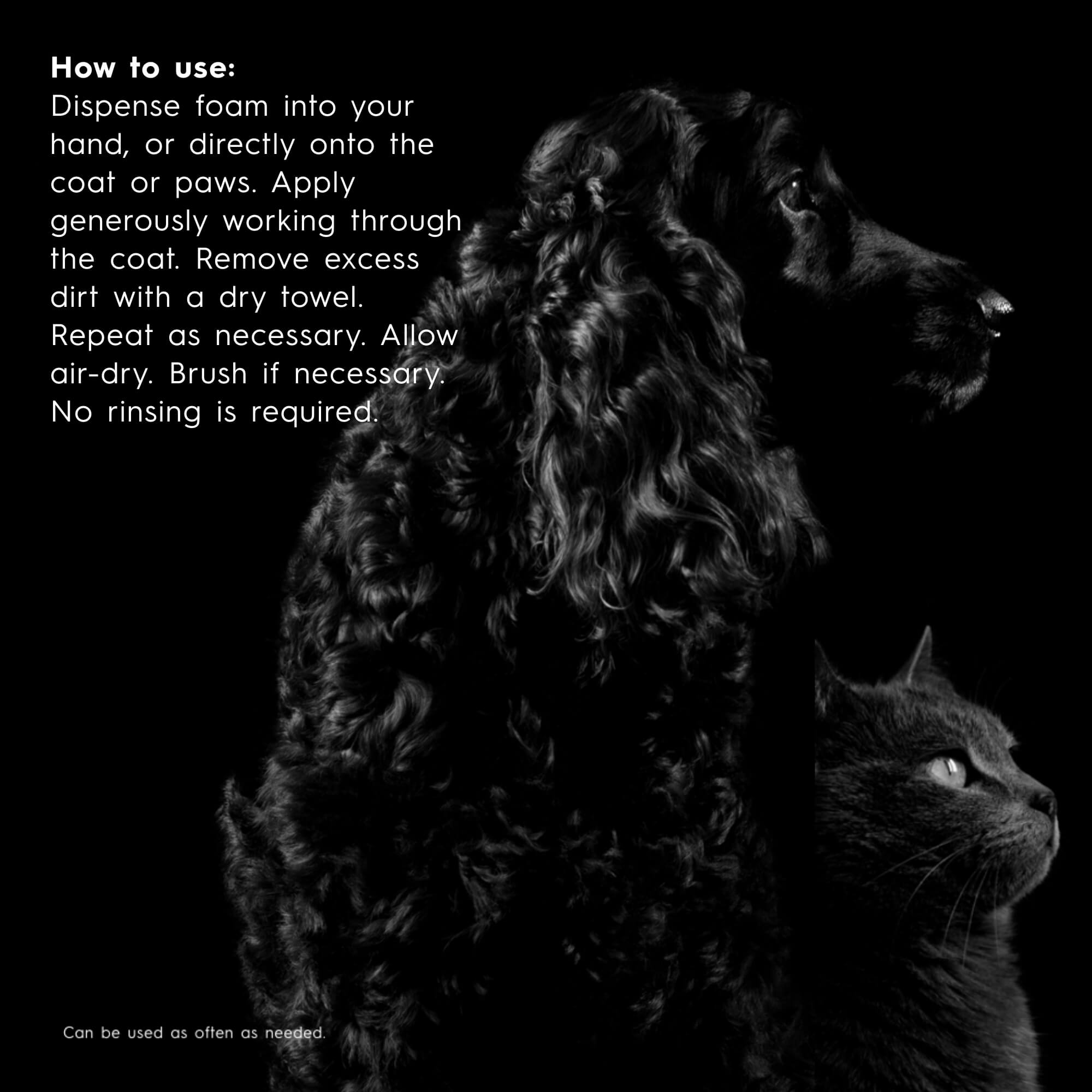 Black and white image of a dog and cat with text on how to use a product.