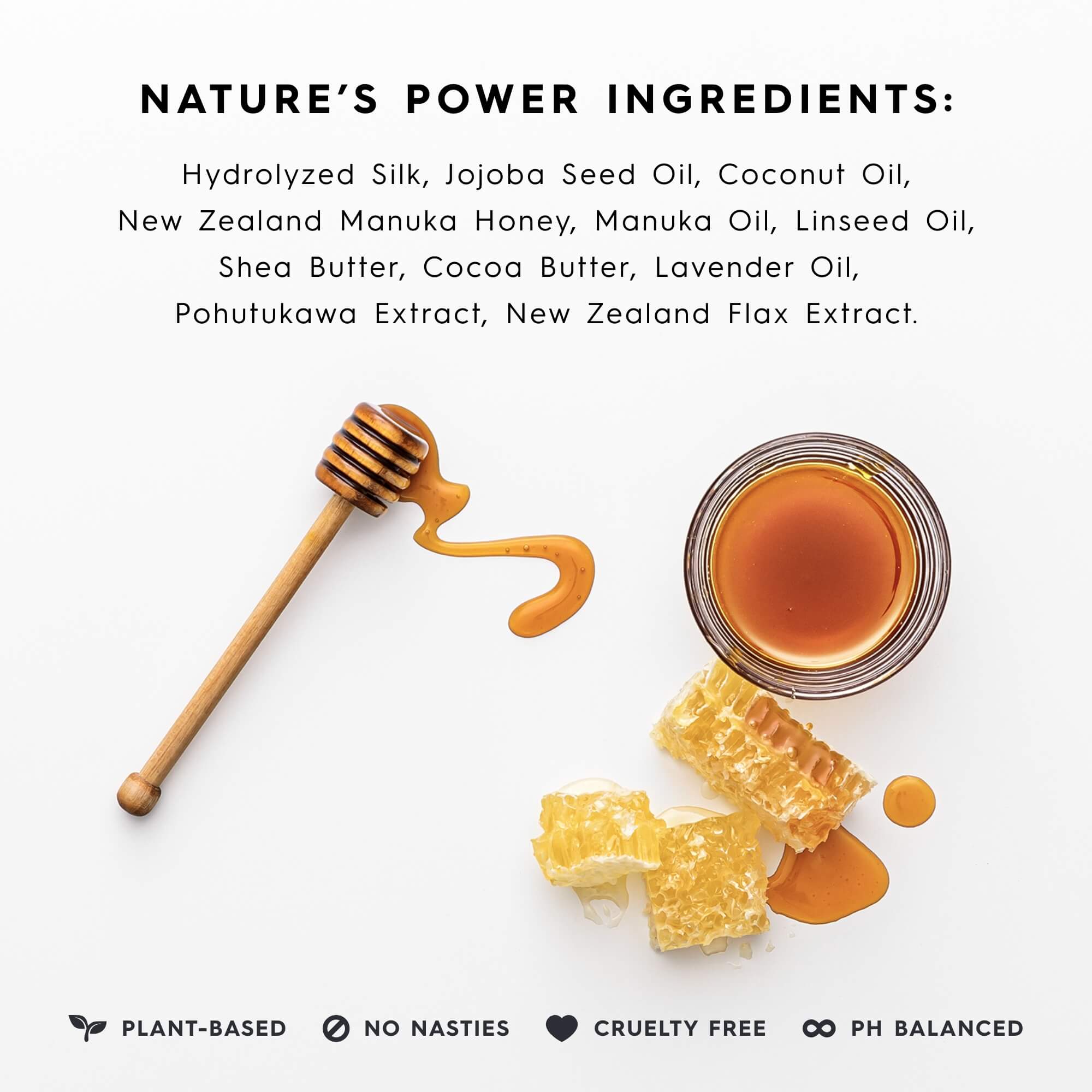 Nature's power ingredients with honey, a honeycomb, and a wooden dipper on a white background.