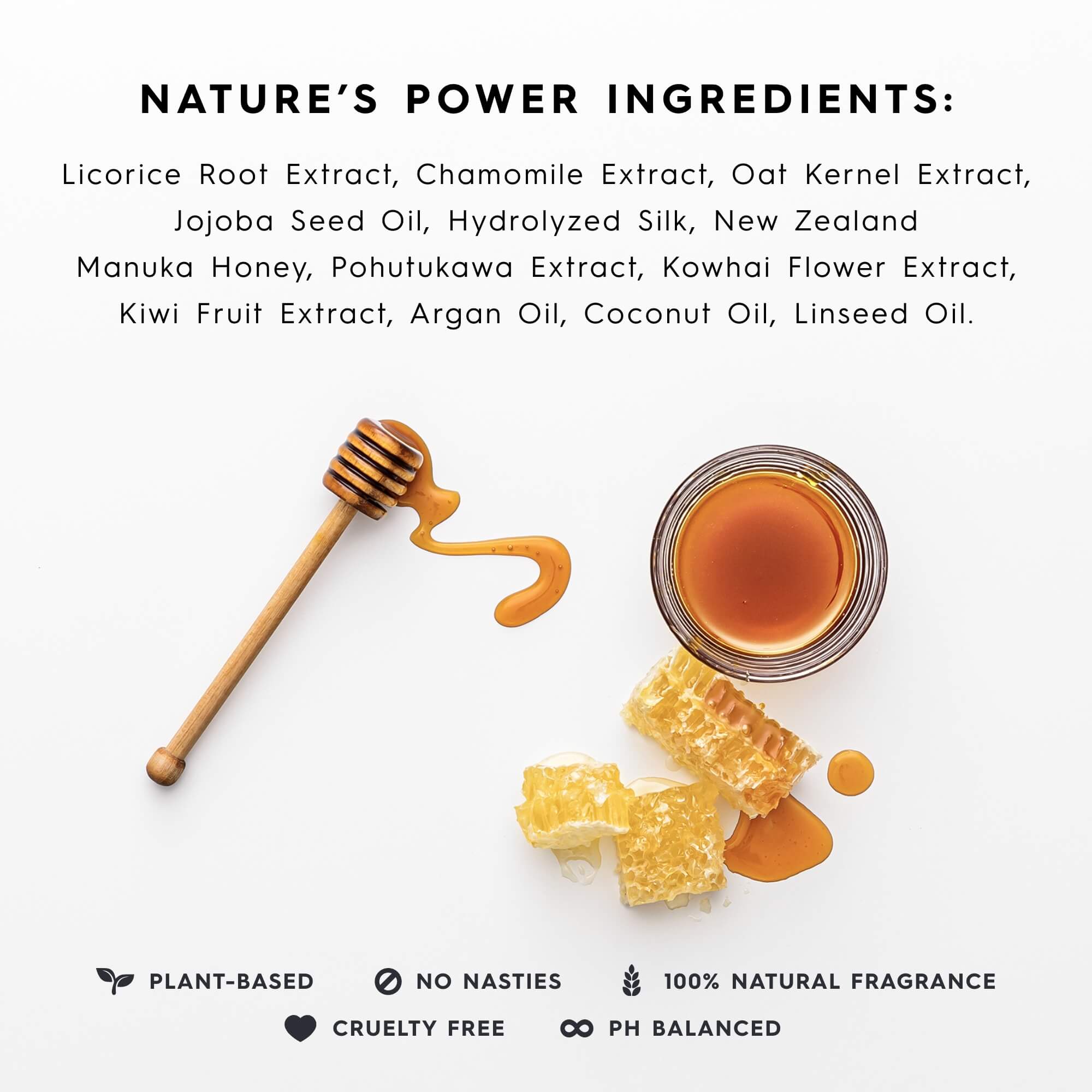 Honey and honeycomb with a wooden dipper on a white background, featuring nature's power ingredients and product features.